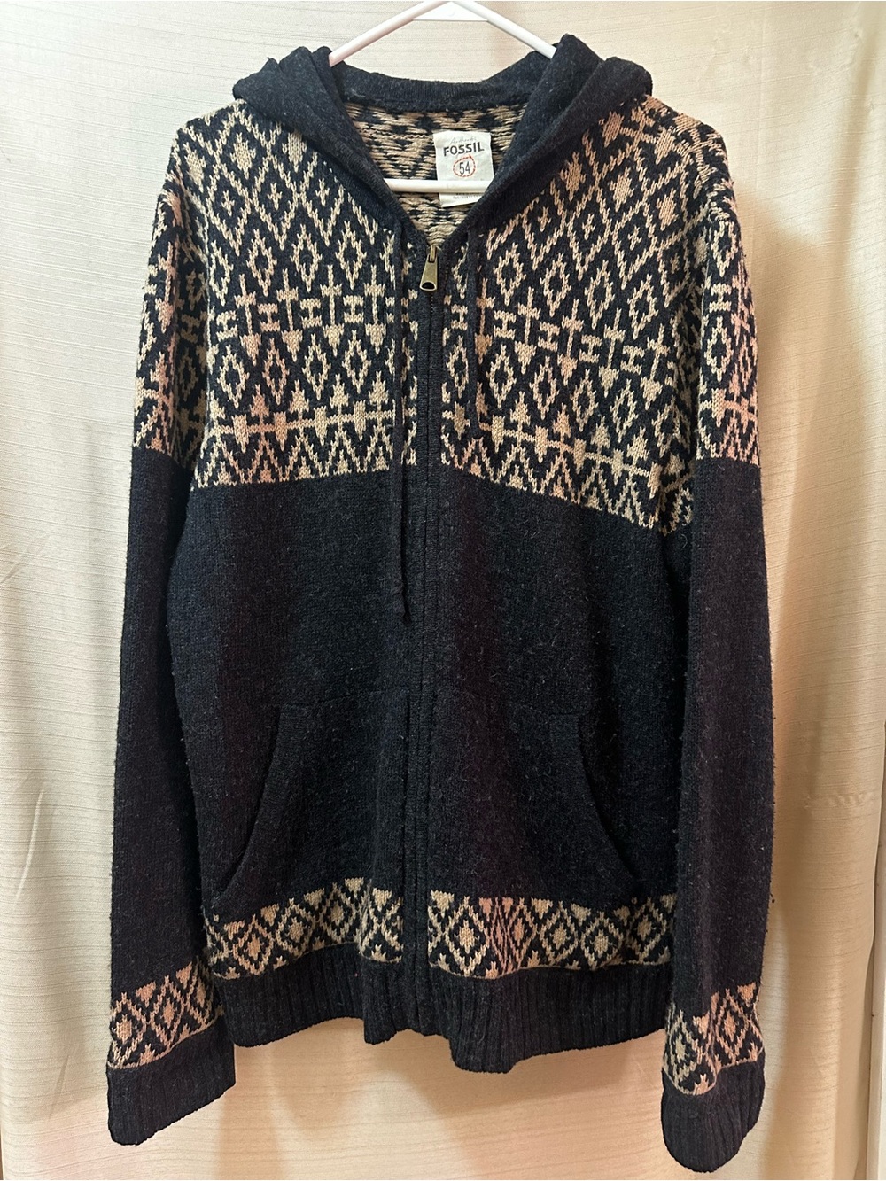 Authentic Fossil 54 Men’s Fair Isle Nordic Merino Wool Blend Hooded Zip Sweater